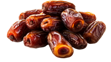 Pile of dried dates fruit showing brown skin and sugary flesh on transparent background
