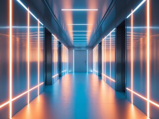 Fototapeta premium Futuristic Neon Corridor with Orange and Blue Lighting