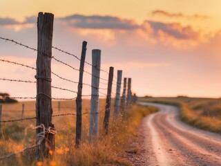 Obraz premium barbed wire fence along dirt road in rural landscape at sunset