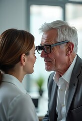 Close up of a senior man and young woman face to face business meeting serious discussion