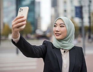 Confident Asian Muslim Businesswoman Taking Selfie in City