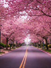 A Road Lined With Beautiful Cherry Blossom Trees In Bloom