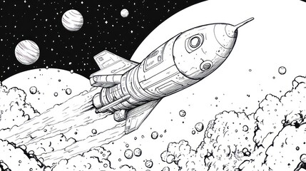 Retro rocket launching past planets, space travel illustration