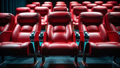Obraz premium A striking view of luxurious red theater seats arranged in an empty cinema hall, radiating comfort and elegance.