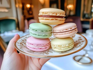 Beautiful hand holding macarons on luxury dish.