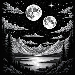 Serene Night Two Moons over Mountain Lake Starry Sky Nature Art