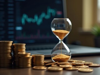 Time is Money Hourglass Coins and Stock Market Graph on Laptop