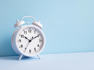 White Retro Alarm Clock on Light Blue Background Time Management Concept