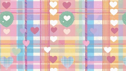 Pastel plaid pattern with hearts in a romantic design
