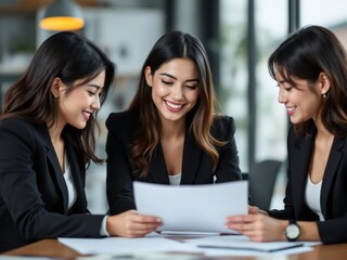 Confident Businesswomen Reviewing Documents Together in Modern Office