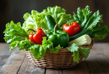 Fresh Organic Vegetables in Wicker Basket Green Peppers Red Peppers Tomatoes Cucumbers and Lettuce
