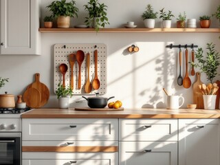 Sunny Kitchen Interior with Wooden Utensils Plants and Light Wood Countertop