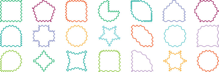 Zig zag Wavy Edge Rectangle. Zig zag wavy shape frames, geometric rectangular, ellipse, square, polygon for template, stickers. Wavy different shape, stamp wave edge, zig zag label vector illustration