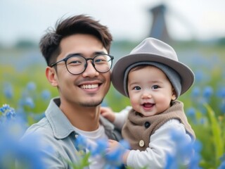 Happy Asian Father and Baby Son in Flower Field Springtime Portrait