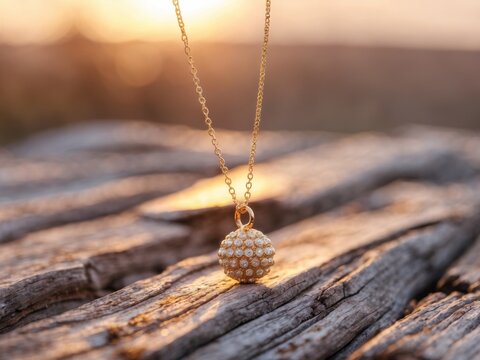 Gold Ball Charm Necklace on Rustic Wood with Sunset Backlight.