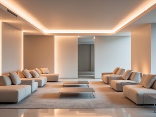 Modern Spacious Lounge with Soft Lighting and Comfortable Seating for Relaxation and Socializing