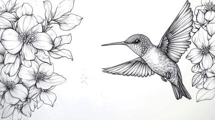 Obraz premium Hummingbird in flight, floral border, nature drawing, art print
