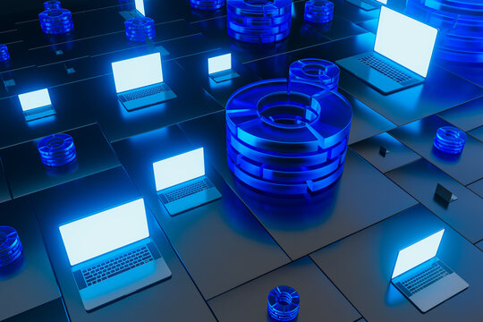 Futuristic tech, abstract design with laptops and servers