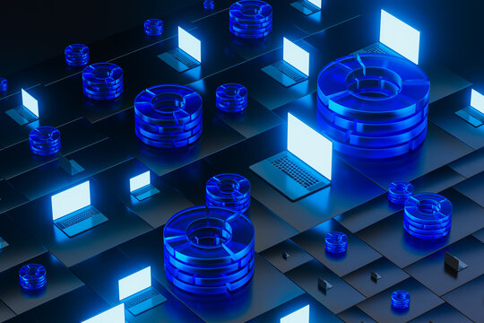 Futuristic tech, abstract design with laptops and servers