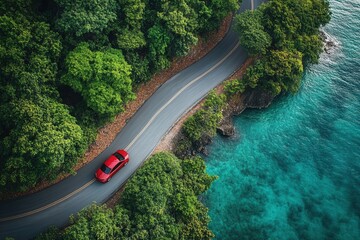 Aerial view of a red car on a winding road