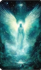 Beautiful oracle cards for production design. Celestial figure with luminous angelic wings.