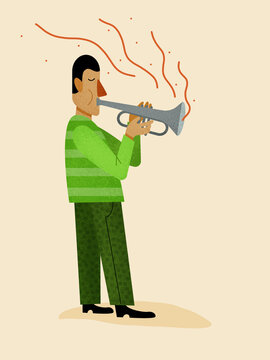 Man in green outfit playing trumpet