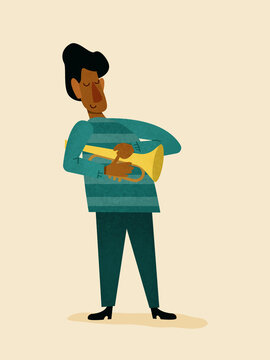 Man holding trumpet in cream studio