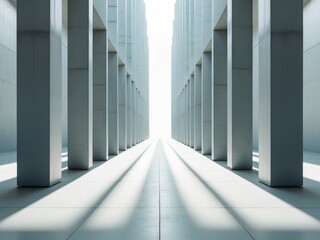 Fototapeta premium a symmetrical corridor of tall concrete pillars , space for copy.
