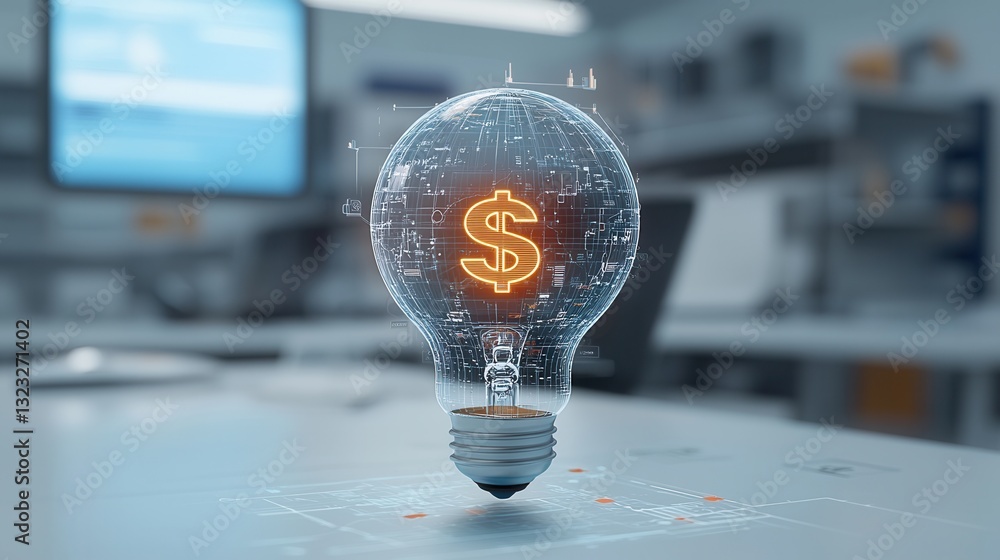 Poster a glowing digital dollar sign hovering above a futuristic high tech environment symbolizing the of t