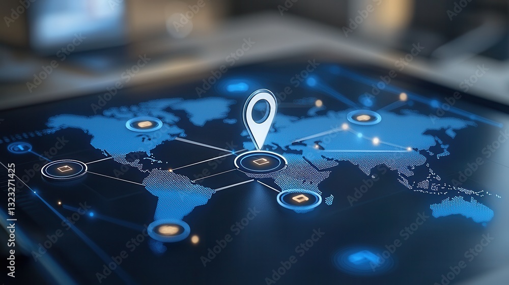Poster a detailed and sophisticated blue digital map showing a bright pinpoint location representing the in