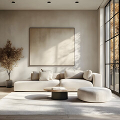 Modern Living Room: A minimalist living room showcases a comfortable sectional sofa, a textured ottoman, and a stylish coffee table. Natural light streams in through large windows.