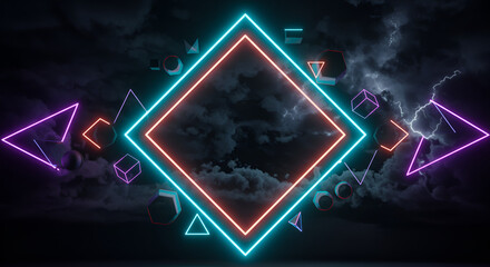 Abstract futuristic 3D rendering of neon geometric shapes and stormy clouds in a night sky, featuring a rhombus frame with copy space for design or text,cloudscape, colours, sun, dramatic, background