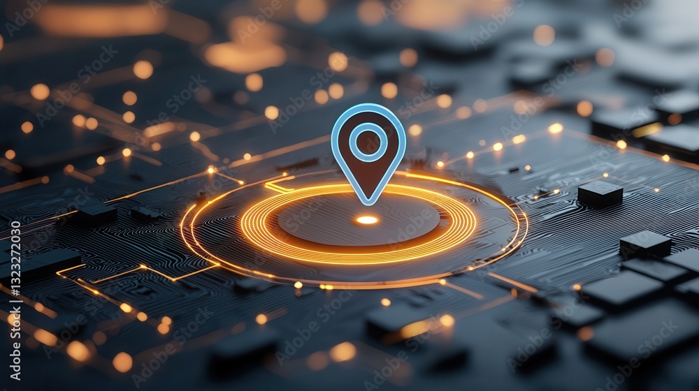Poster a close up view of a neon blue map pin resting on a high tech futuristic digital landscape filled wi