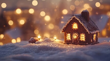 Lit gingerbread house in snowy scene, warm lights glow. Perfect for Christmas, holiday, winter, and cozy themes.