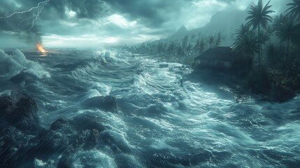 Dramatic Tropical Storm Ocean Waves Crashing Against Shore Dramatic Lightning Volcanic Eruption Dark Moody Atmosphere Intense Nature Scene Powerful   