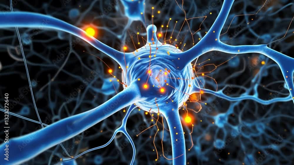 Poster detailed 3d illustration of neuron with glowing synapses showcasing complexity of neural connections