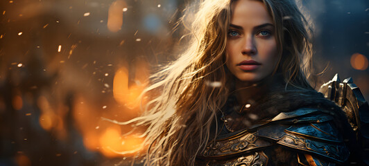 viking woman with an armoured shield, ai generative