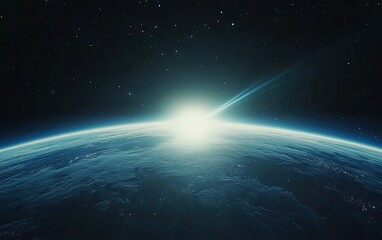 Fototapeta premium Earth sunrise, comet impact, space view, stars