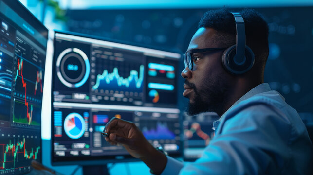 Focused Young Man Analyzing Data on Multiple Computer Screens in Office