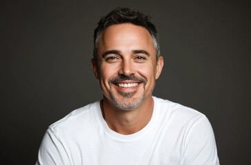 A smiling middle-aged man with short hair and a goatee, wearing a white T-shirt, in a studio portrait against a grey background.