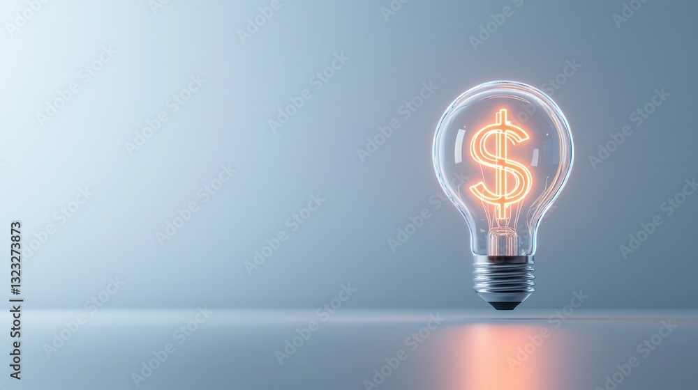 Poster a futuristic 3d rendered image of a glowing lightbulb with a luminous dollar sign symbol inside repr