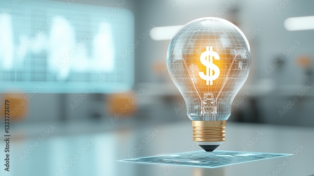 Poster a futuristic 3d rendered image depicting a glowing lightbulb hovering with a dollar symbol inside sy