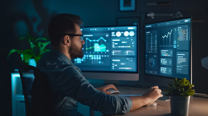 Focused Professional Analyzing Data on Dual Monitors in Modern Office Setting