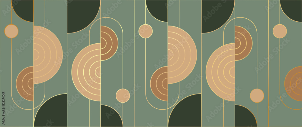 Poster Abstract geometric pattern design background vector. Wallpaper design with circle, square, geometric shape and gold line . Modern illustration perfect for decor, cover, print, banner, interior.