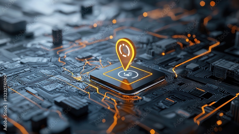 Poster this futuristic image depicts a close up view of a digital navigation system featuring a glowing loc