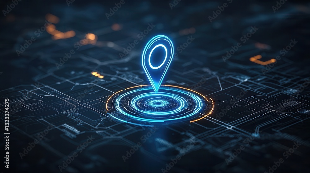 Poster Glowing Blue Location Pin Hovering Over Futuristic Digital Map with Abstract Shapes and Patterns in the Background Representing Advanced Navigation and Mapping Technology