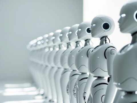 Futuristic White Robots Standing in a Row.
