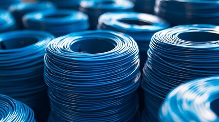 Close-Up of Blue Wire Rolls Stacked in a Warehouse Environment