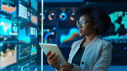 Woman Analyzing Data on Tablet with Digital Charts and Global Maps Display