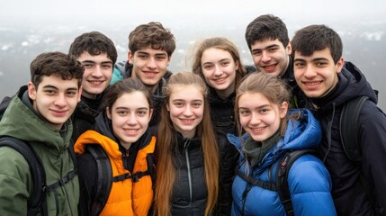 Fototapeta premium Happy Teenagers Smiling Together on Snowy Hilltop